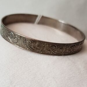 Engraved Floral Silver-Tone Bangle Bracelet